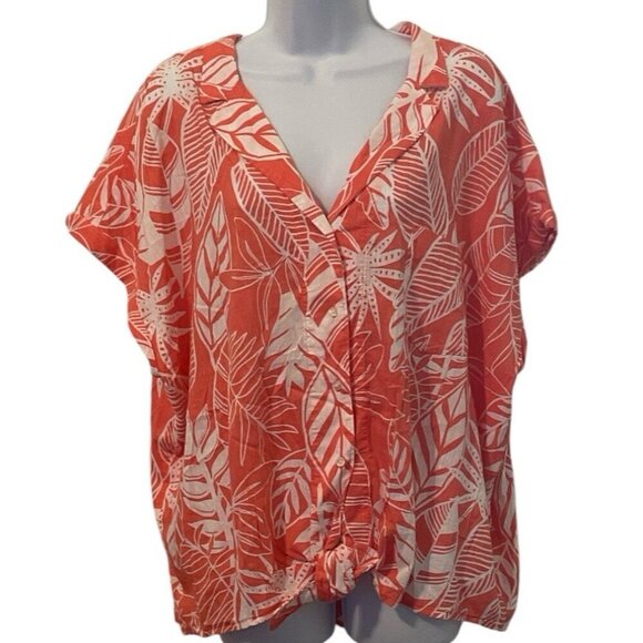 Old Navy Floral Button Front Top Size XXL Orange Hawaiian Short Sleeve - Picture 1 of 14